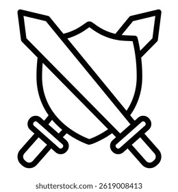 Two medieval swords and shield line icon, city museum concept. Vector graphics. Shield with blades, historical items sign on white background, style mobile or design