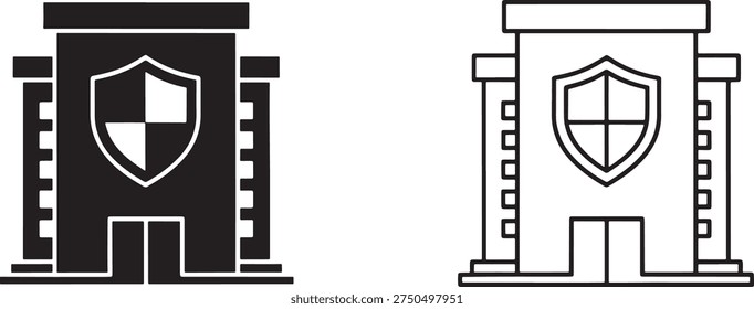 Two medievalstyle castle towers with shields on the front isolated on white background
