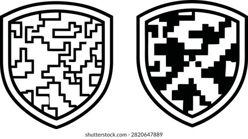 Two medieval-style heater shields featuring contrasting black and white digital camouflage patterns, isolated on a white background, perfect for gaming, fantasy, or military design projects.