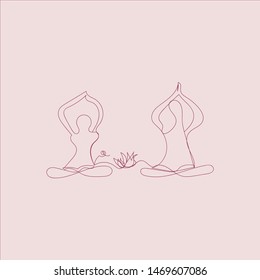 Two meditators yoga continuous line vector illustration. One line funny image of man and woman sitting in lotus asana, connected by lotus flower. Cartoon one line picture. Love and meditative concept.
