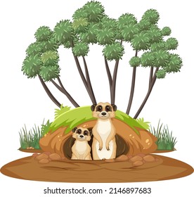 Dos meerkats con madriguera en ilustración de estilo caricaturista