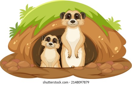 Two meerkats with burrow in cartoon style illustration