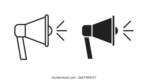 Two megaphone icons, one line art and one solid black, isolated on white. Perfect for announcements, marketing, or communication concepts.