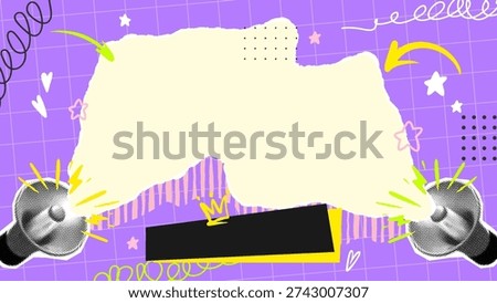 Two Megaphones Rough Paper Frame Copy Space on Bright Pop Art Retro Collage Poster Background for Social Media Alarm Message, Trendy Announcement or Event Promotion. Vector Illustration