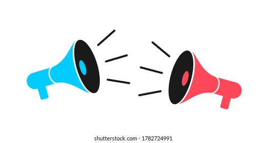 Two megaphones, speakers, loud speakers and loudspeaker are competing against each other - clash, conflict, battle, fight and duel. Vector illustration isolated on white.