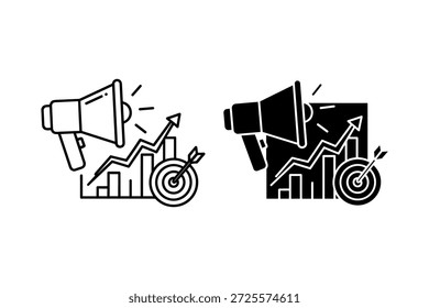 Dos megáfonos con gráficos de tendencia ascendente y objetivo con flecha en blanco y negro