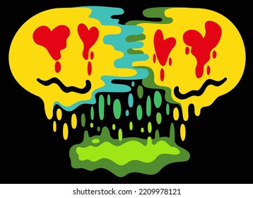 Two melting smiling faces glued together  Vector illustration isolated black background  Psychedelic concept  Codependency 
