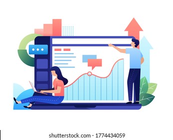 Two member of marketing team now analysis the curve graphic of CRM report this month. They should make sure the curve still on positive track. Solid team. Vector illustration with minimalism style