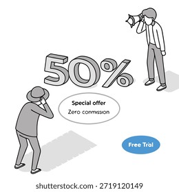 Two men and a 50 percent special offer with zero commission and free trial button isometric illustration