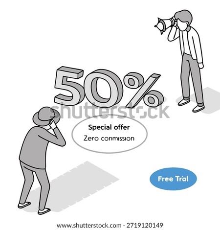 Two men and a 50 percent special offer with zero commission and free trial button isometric illustration