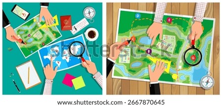 Two men actively planning a route on a map for travel strategy. Top view of a travel itinerary. Vacation planning.