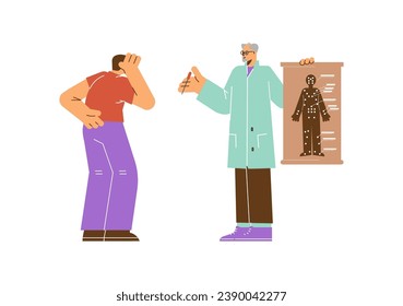 Two men, acupuncture doctor and patient, flat cartoon vector illustration isolated on white. Male medic shows poster about Asian traditional alternative medicine. Needle treatment in oriental clinic.
