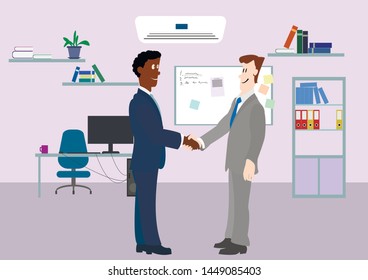 Two men of African and a European shaking hands with each other.Work office .Vector image.