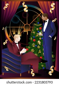 Two men with alcohol. Christmas or new year celebration. Christmas tree. View of the night city and fireworks. Vector illustration