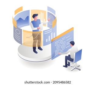 Two men analyze application program data in isometric illustration