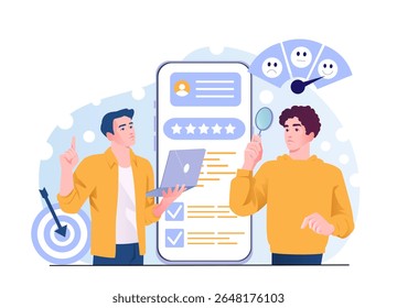 Dois homens analisando o feedback do cliente com uma interface de aplicativo móvel mostrando classificações de estrelas e resultados de pesquisas, estilo de desenho animado plano em um fundo branco. Conceito de análise de revisão. Ilustração vetorial