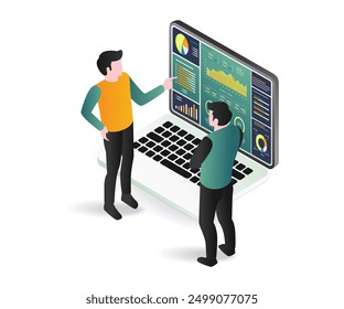 Two men analyzing data on a laptop screen