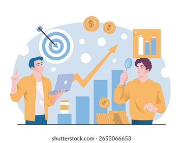Two men analyzing financial growth with laptop and magnifier, bar chart and arrow on abstract background, symbolizing business strategy. Vector illustration