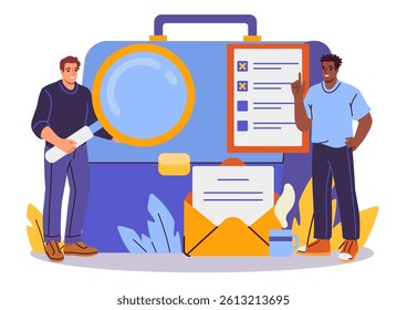 Two men analyzing job opportunities with a magnifying glass and checklist near a briefcase, flat style on white background. Concept of employment search. Vector illustration