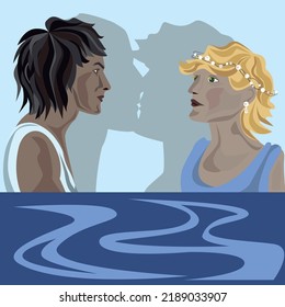 Two men of antiquity Patroclus and Aeschylus, one with dark hair, the other with blond hair in blue against the background of a shadow in the form of their kiss, in the foreground a reservoir.