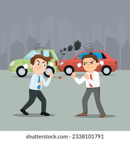 Two Men Arguing After A Car Accident On The Road. Violence Concept. illustration vector cartoon.