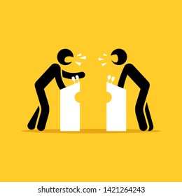 Two men arguing behind the tribunes. Debate concept. Vector pictogram.