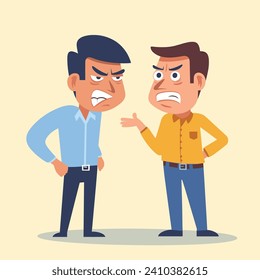 Two men arguing cartoon with angry expressions and gesturing. Office conflict between employees cartoon. Disagreement and problem solving vector illustration.