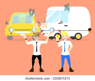 two men argument with crash car, accident concept, vector illustration flat cartoon character design clip art