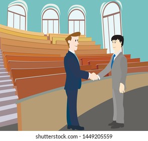 Two men of Asian and Europeans shake hands each other.Lecture hall of the University .Vector image.