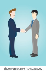 Two men of Asian and Europeans shake hands each other .Vector image.