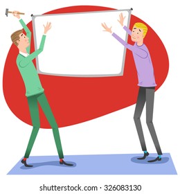 Two men attaching poster to wall (empty space for your text) in Fifties style