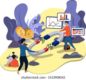 Two men are attracted to magnets. Investments and ideas. Illustration in the style of business and technology.