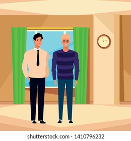 two men avatar cartoon character wearing tie and blond with glasses indoor in house background vector illustration graphic design
