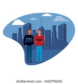 two men avatar cartoon character with beard with glasses cityscape vector illustration graphic design