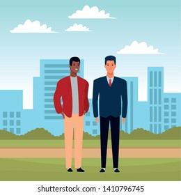 two men avatar cartoon character afroamerican and businessman in the grass with cityscape vector illustration graphic design
