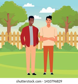 two men avatar cartoon character afroamerican and dark hair outdoor in the backyard vector illustration graphic design