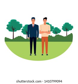 two men avatar cartoon character businessman and dark haired guy with rural landscape vector illustration graphic design