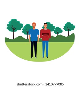 Two men avatar cartoon characters. A redhead guy with  beard and man wearing glasses in rural landscape setting. Vector illustration graphic design