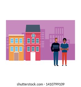 Two men avatar cartoon characters.  Afroamerican guy and bearded man with colorful cityscape buildings. Vector illustration graphic design.