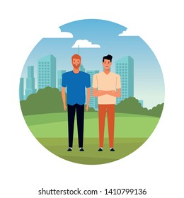 Two men avatar cartoon characters. A redhead guy with  beard and dark haired guy in round icon in the grass with cityscape.  Vector illustration graphic design.