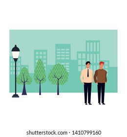 Two men avatar cartoon characters. Brunette wearings tie and redhead guy in cityscape with trees. Vector illustration graphic design