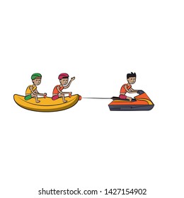 two men in banana float fun entertainment isolated cartoon vector illustration graphic design