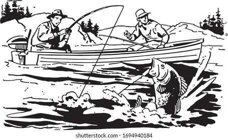 Two Men Bass Fishing - Landing The Big One