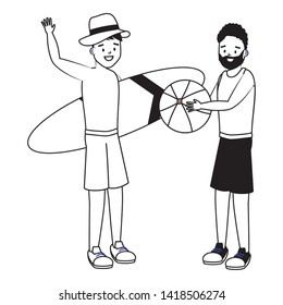 two men with beachball and surfboard summer time vector illustration