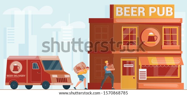 Two men from beer\
delivery service carrying barrel and bottles into pub building flat\
vector illustration