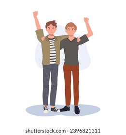 Two men, best friends embracing. Happy male characters, hugging together. Young smiling guys portrait. Friendship concept.