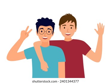Two men, best friends embracing. Happy male characters, interracial bros hugging together. Young smiling guys portrait. Friendship.
