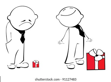 two men with big and small gift boxes, isolated on white