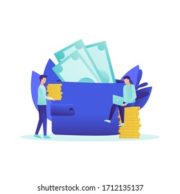 Two men with big wallet and stack of coin, online payment, e transfer digital wallet vector illustration concept, can use for, landing page, template, ui, web, homepage, poster, banner, flyer