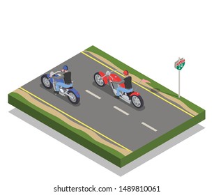 Two men bikers riding red and blue motorcycles isometric composition 3d vector illustration